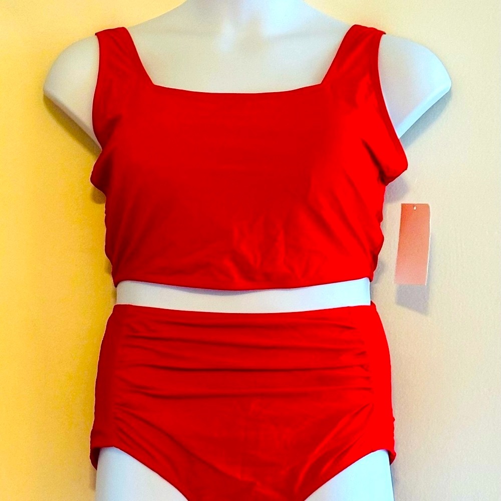 Meet Curve Vibrant Red High-Waisted Ruched Swim Bottoms, NWT, Size XL